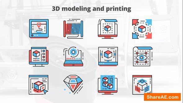 Videohive 3d Modeling And Printing – Thin Line Icons